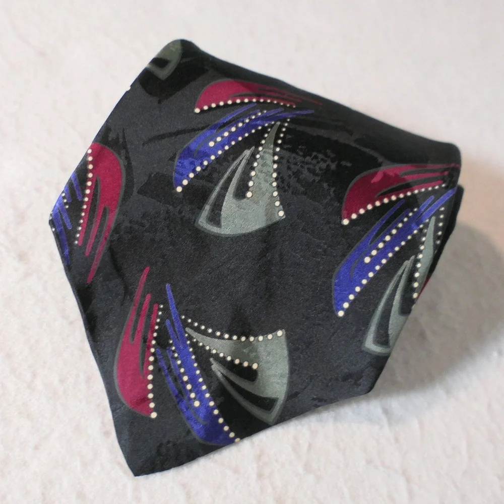 Valentino Pietro Men Silk Necktie XL Black Abstract Italian Luxury Jacquard Bold